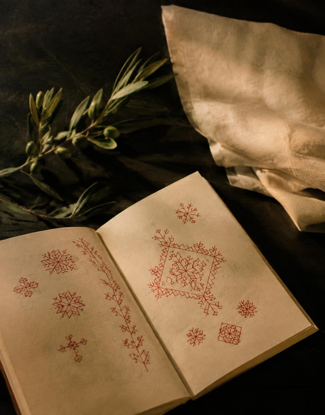 Sketchbook of embroidery motifs drawn in red ink beside an olive sprig