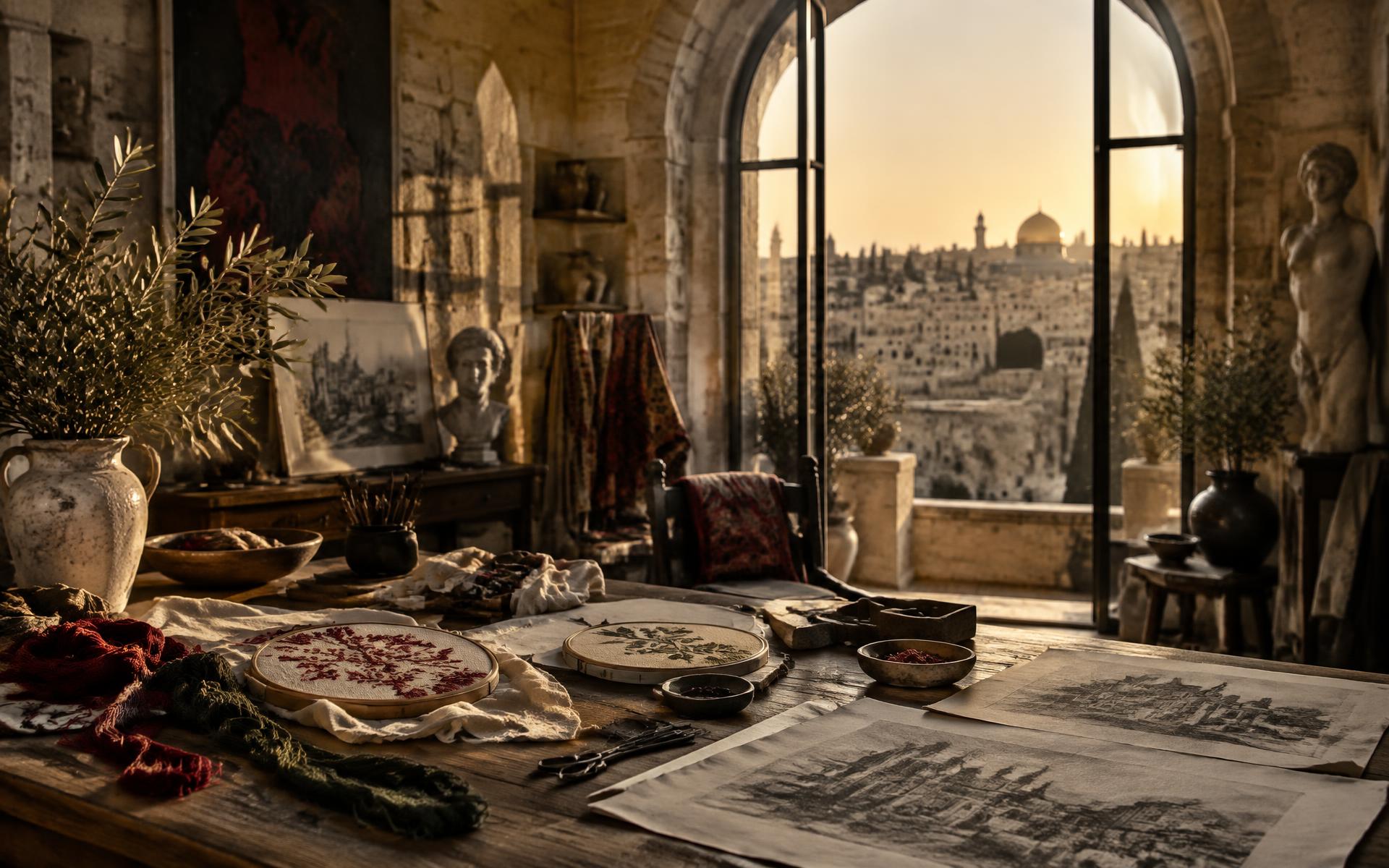 Heritage atelier at golden hour with embroidery hoops, threads and an arched window over the old city